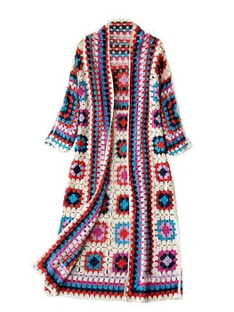 Moteriški Gėlių Nėrimo Ilgas Cardigan Atsitiktinis ilgomis Rankovėmis Atidaryti Priekiniai Megztiniai Megztinis Bohemiškas Megztinis Kailis Outwear Nuotrauka 2