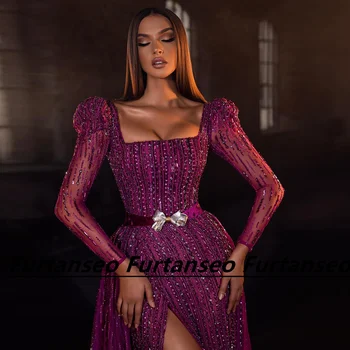 Furtanseo Dubajus Fuksija Vakarą Overskirt Arabų Vestuvių Suknelė Elegantiškas Ilgomis Rankovėmis 2023 Naujas Prabangus Oficialią Šalies Chalatai Nuotrauka 2