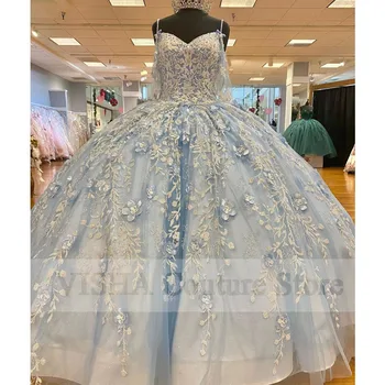 Šviesiai Mėlyna Quinceanera Suknelės Blizgučiai Nėrinių Aplikacijomis Lankas, Kamuolys Suknelė, 15 Princess Gimtadienio Suknelė pagal Užsakymą