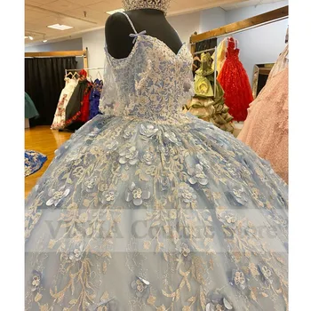 Šviesiai Mėlyna Quinceanera Suknelės Blizgučiai Nėrinių Aplikacijomis Lankas, Kamuolys Suknelė, 15 Princess Gimtadienio Suknelė pagal Užsakymą Nuotrauka 2